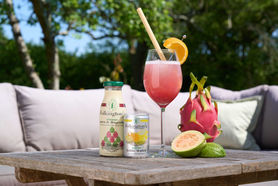 Mocktails in a garden setting showing a glass full with drink and a can and bottle of mixers. Around the bottle is a dragon fruit and a cut passion fruit.