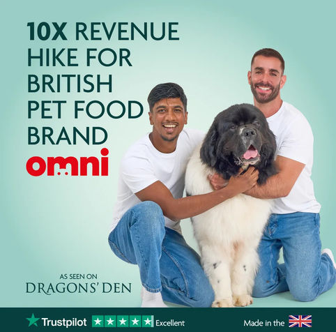 Sussex Photographer Stuart Price captures an advertisement photo of the two Omni pet food founders, Dr. Guy Sandelowsky and Shiv Sivakumar, with a large black and white Newfoundland dog. Text on the image announces a "10X Revenue Hike" and features the "As Seen on Dragons' Den" logo and a "Trustpilot Excellent" rating.