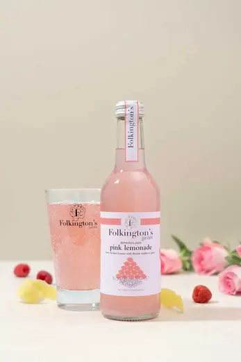 Studio image of Folkington’s Garden Sparkling Pink Lemonade, styled and captured by a professional Brighton drinks photographer in Sussex. The photo features a 330ml glass bottle of pink lemonade made with Sicilian lemons and British raspberry juice, positioned next to a glass filled with the fizzy drink, showcasing its refreshing bubbles. Surrounded by fresh raspberries, lemon peel, and pink roses, the composition highlights natural ingredients and vibrant aesthetics. Perfectly lit and composed by a Brighton drinks photographer, this product photo emphasizes premium quality, ideal for marketing authentic soft drinks in the Sussex region.