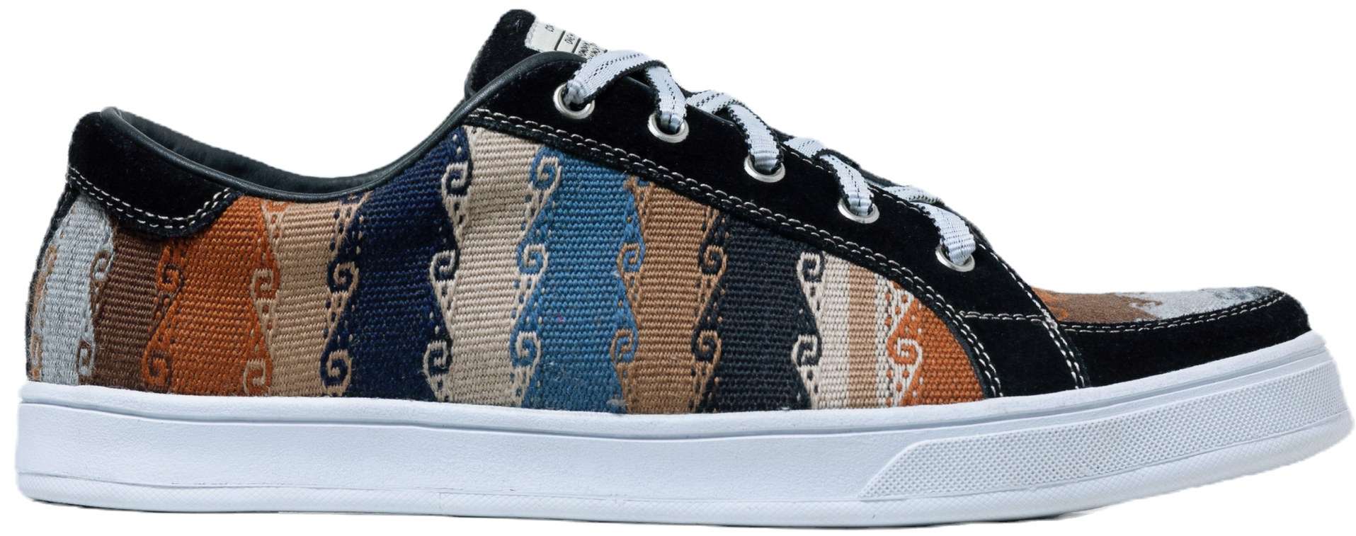Side View, Ola Black. Luxurious PASSERI leather sneakers with intricate handwoven alpaca patterns, a testament to craftsmanship.