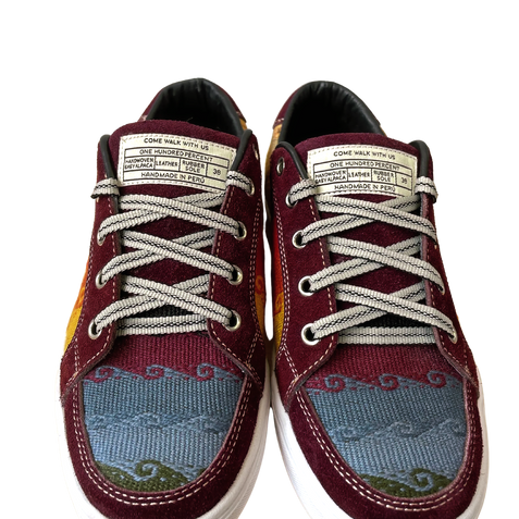 Top View, Ola Merlot. Luxurious PASSERI leather sneakers with intricate handwoven alpaca patterns, a testament to craftsmanship.