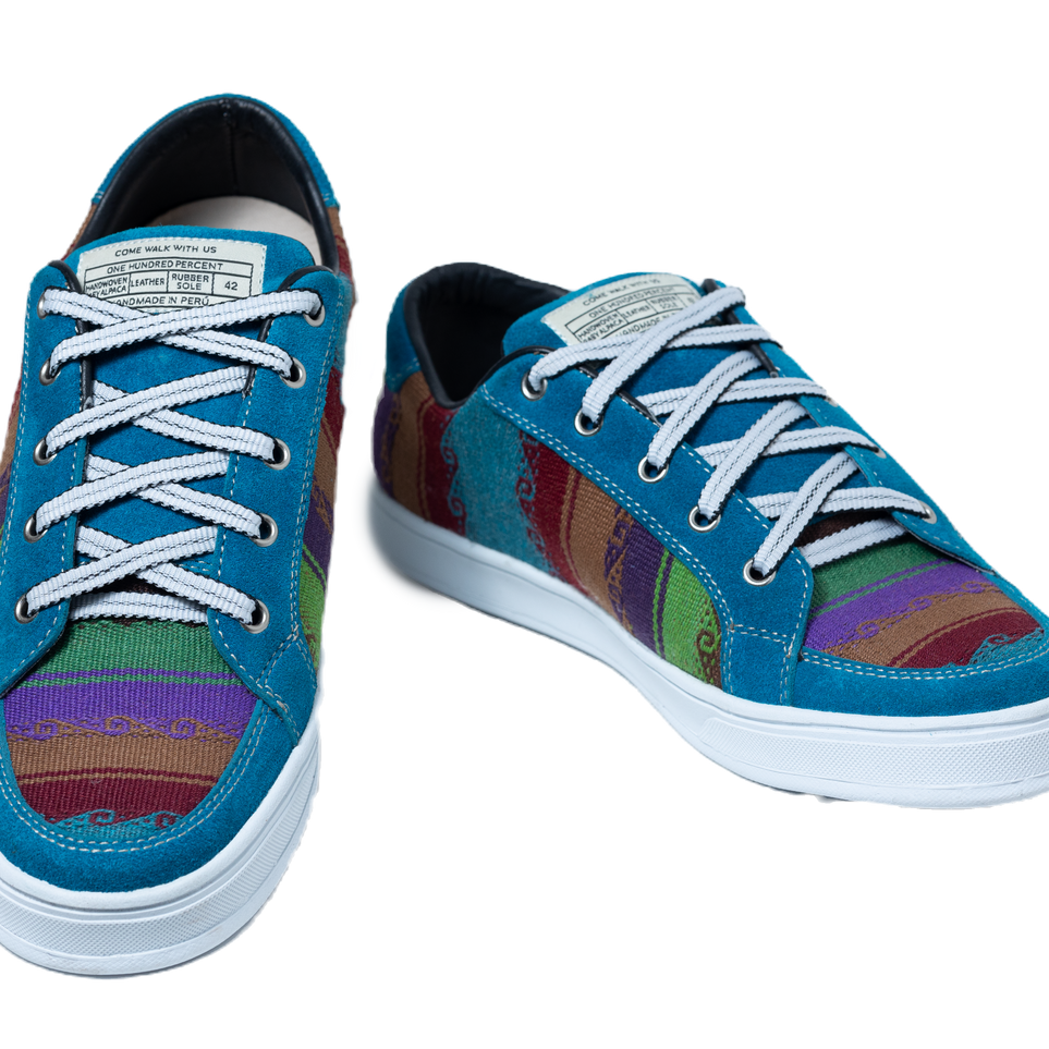 Top Front View, Ola Turquoise. Luxurious PASSERI leather sneakers with intricate handwoven alpaca patterns, a testament to craftsmanship.