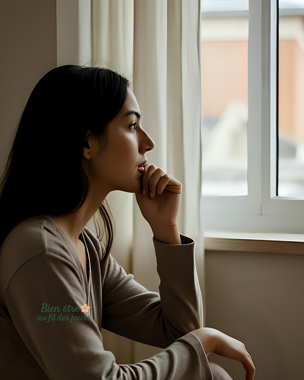 Femme fatiguée regardant par la fenêtre, image du stress quotidien et du besoin de pause mentale
