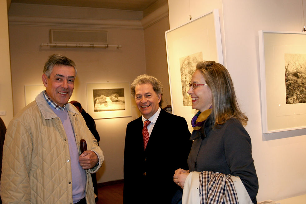 Roberto Stelluti, Fabio Carapezza Guttuso e Tiziana Cristallini Carapezza Guttuso all’inaugurazione della personale di Roberto Stelluti alla Galleria «Don Chisciotte», Roma.