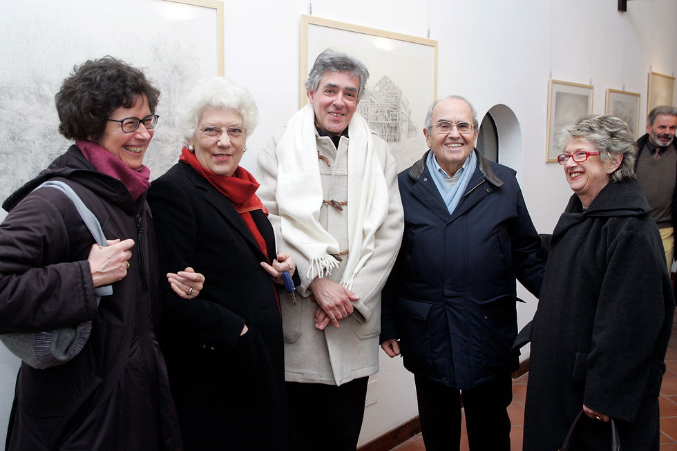Maria Cecilia Merloni Lazzarini, Roberto Stelluti, Francesco Merloni e Luisa Laureati all’inaugurazione della personale di Roberto Stelluti al Museo della Carta e della Filigrana, Fabriano (AN).