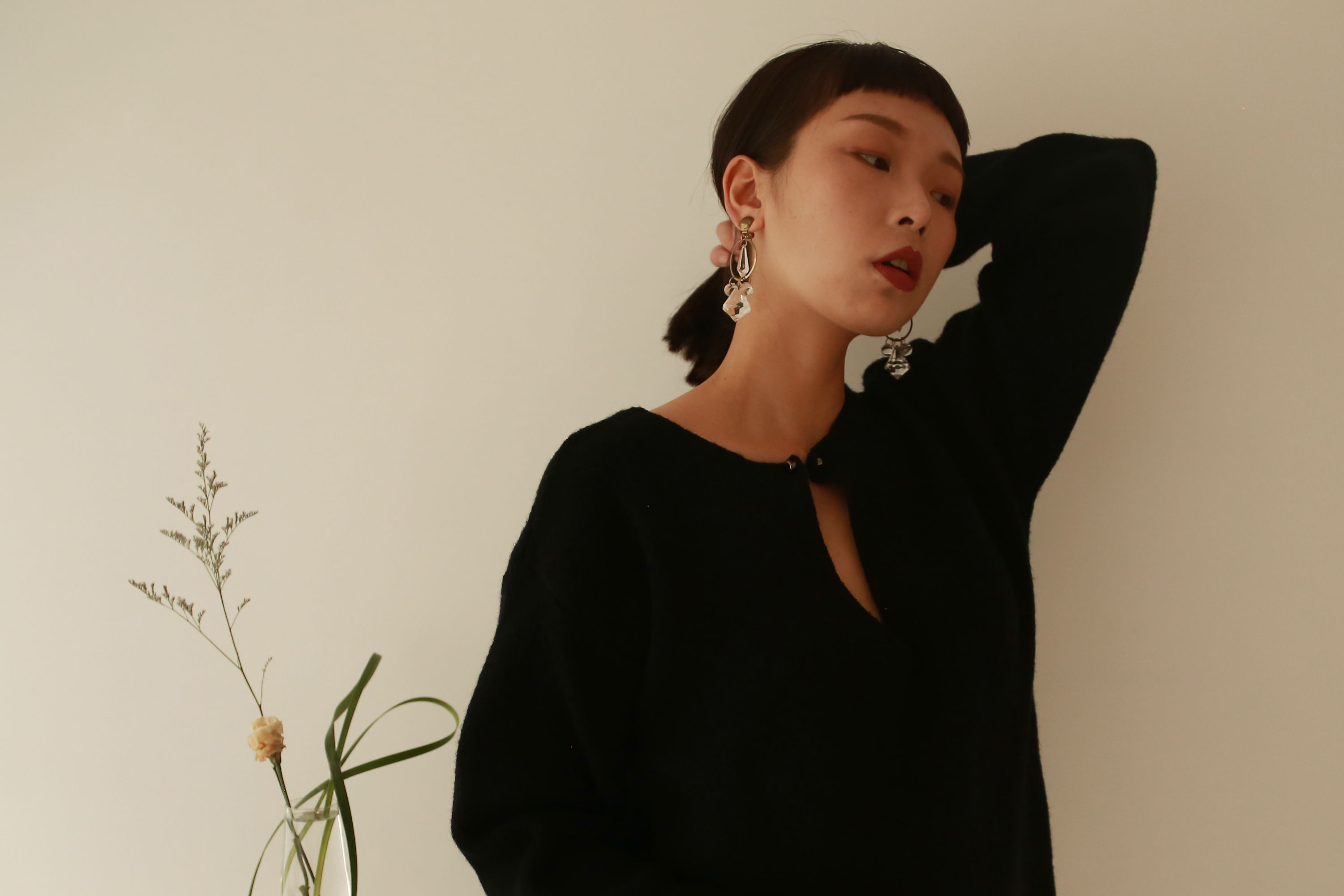 兩面穿船領針織上衣-杏/黑