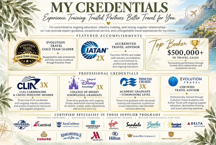 Journey with Heather travel advisor credentials, industry certifications, training achievements, and supplier specialist programs