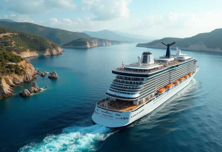 Cruise ship sailing through a scenic Mediterranean coastal destination