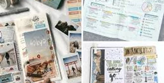 Travel journals, maps, photos, and itinerary notes used to plan a personalized vacation