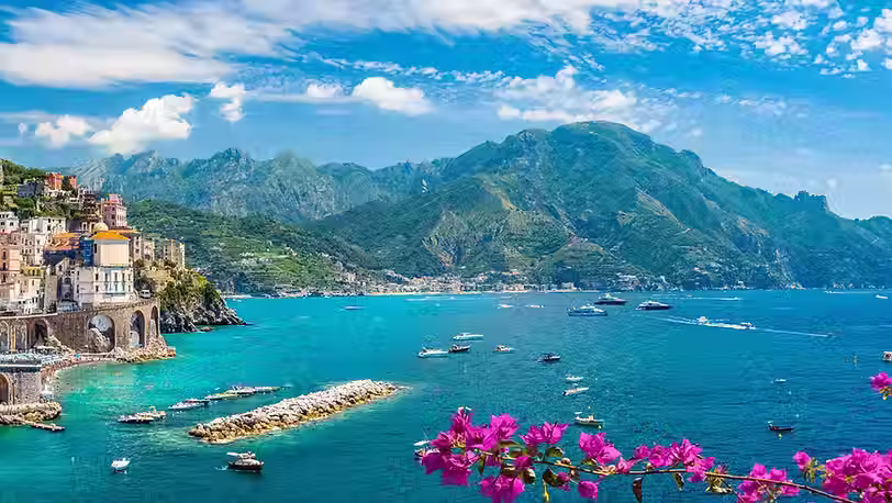 Panoramic view of Atrani and the Amalfi Coast in Italy overlooking the Mediterranean Sea
