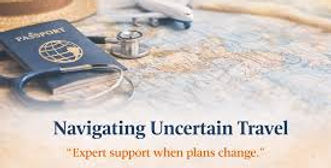 Passport, airplane, and travel map representing support when travel plans change