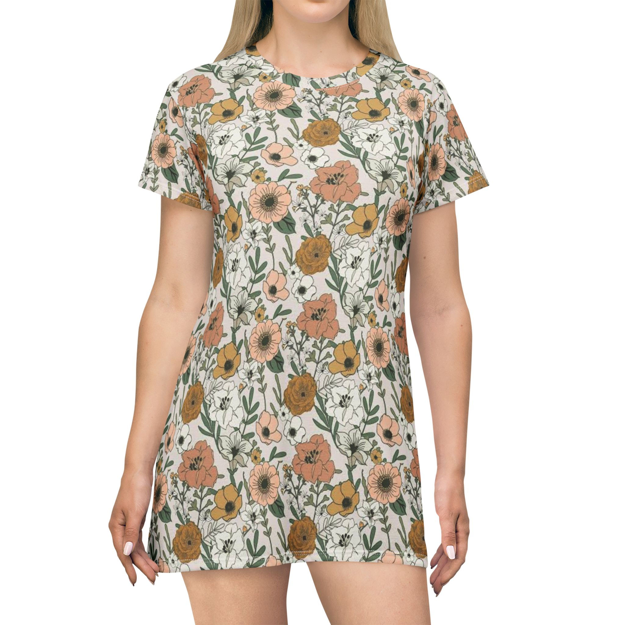Floral Meadow T-Shirt Dress – All-Over Print Vintage Wildflower Pattern