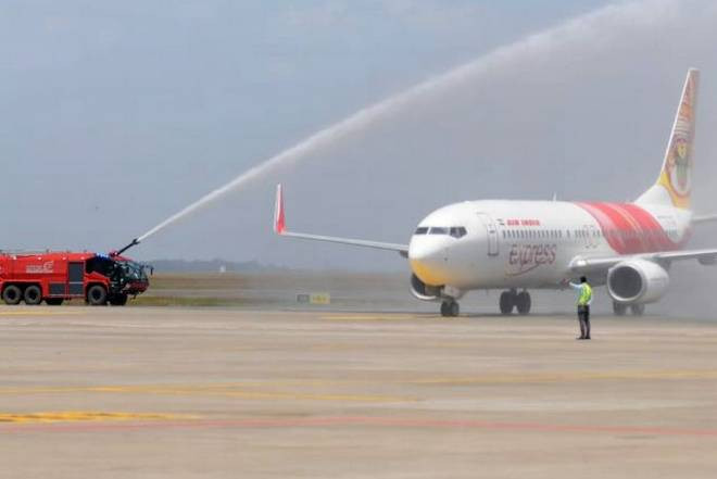 Water salute for the first flight at Kannur Airport