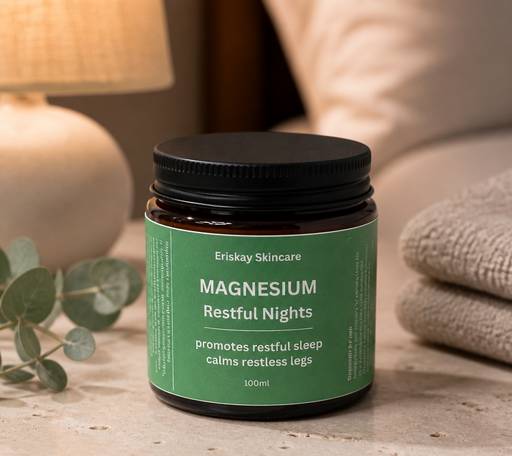Magnesium Cream by Eriskay Skincare offers serenity for your nights, promoting restful sleep and calming restless legs.