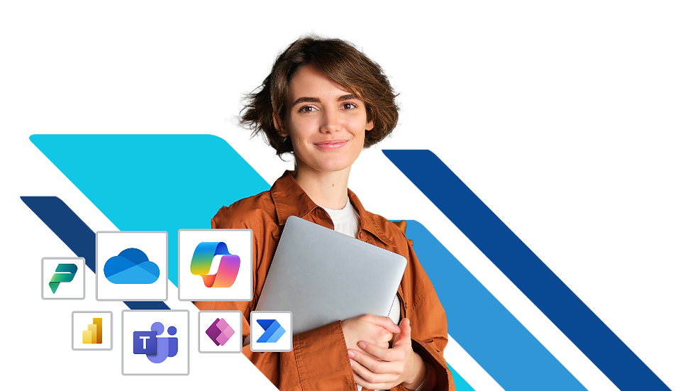 Woman holding a laptop, smiling, with Microsoft 365 app icons including PowerApps, Teams, and OneDrive in the background, representing collaboration and productivity solutions for businesses.