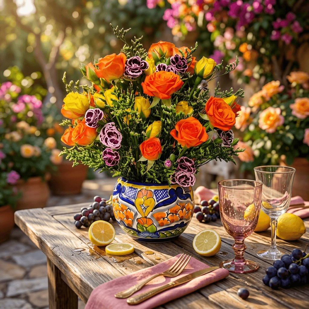 Rosas Anaranjadas y amariilas con Talavera