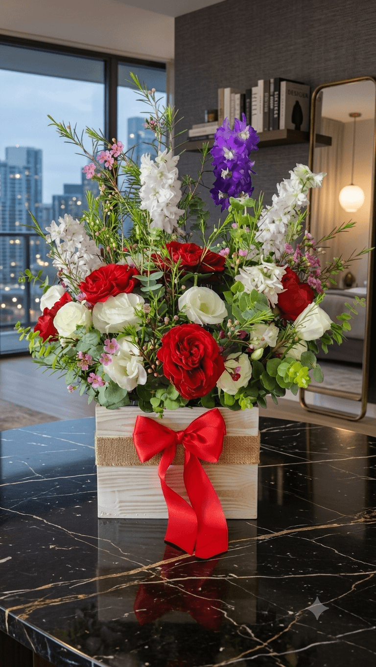 Caja artesanal de madera clara con listón rojo, rosas rojas premium y espigas de delphinium para entrega a domicilio