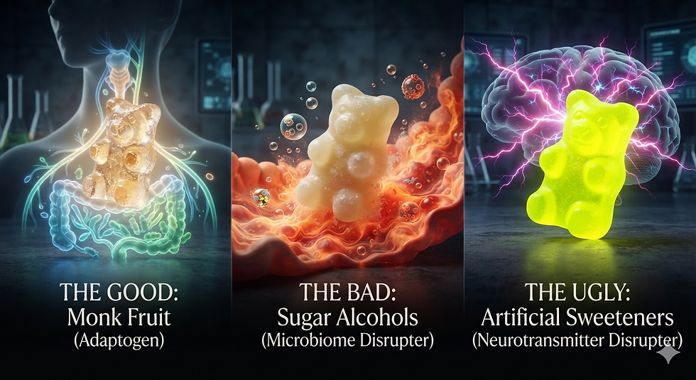comparing gummy bears: good monk fruit, bad sugar alcohols, ugly artificial sweeteners, with glowing brain and body graphics.