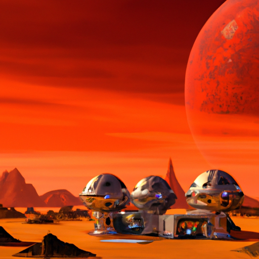 On a rugged red planet with mountain ranges in the far background and two different-sized pink moons in the sky, create a small planetary 5-person colony with living quarters, a large greenhouse, and environmental systems plus a control room in a national geographic style.