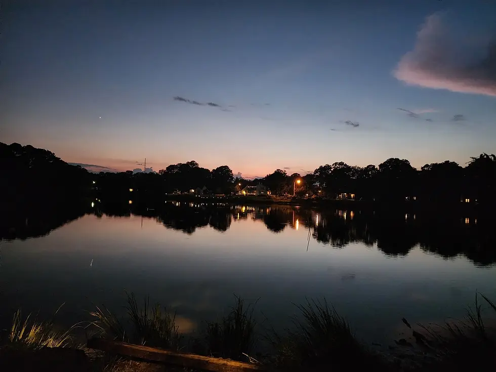 Wide-angle view of a quiet creek shoreline under a deepening twilight sky.