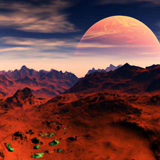 a small, rocky planet covered in jagged, rocky terrain, with deep canyons and towering mountains rising up from the surface orbiting a dim red dwarf star.