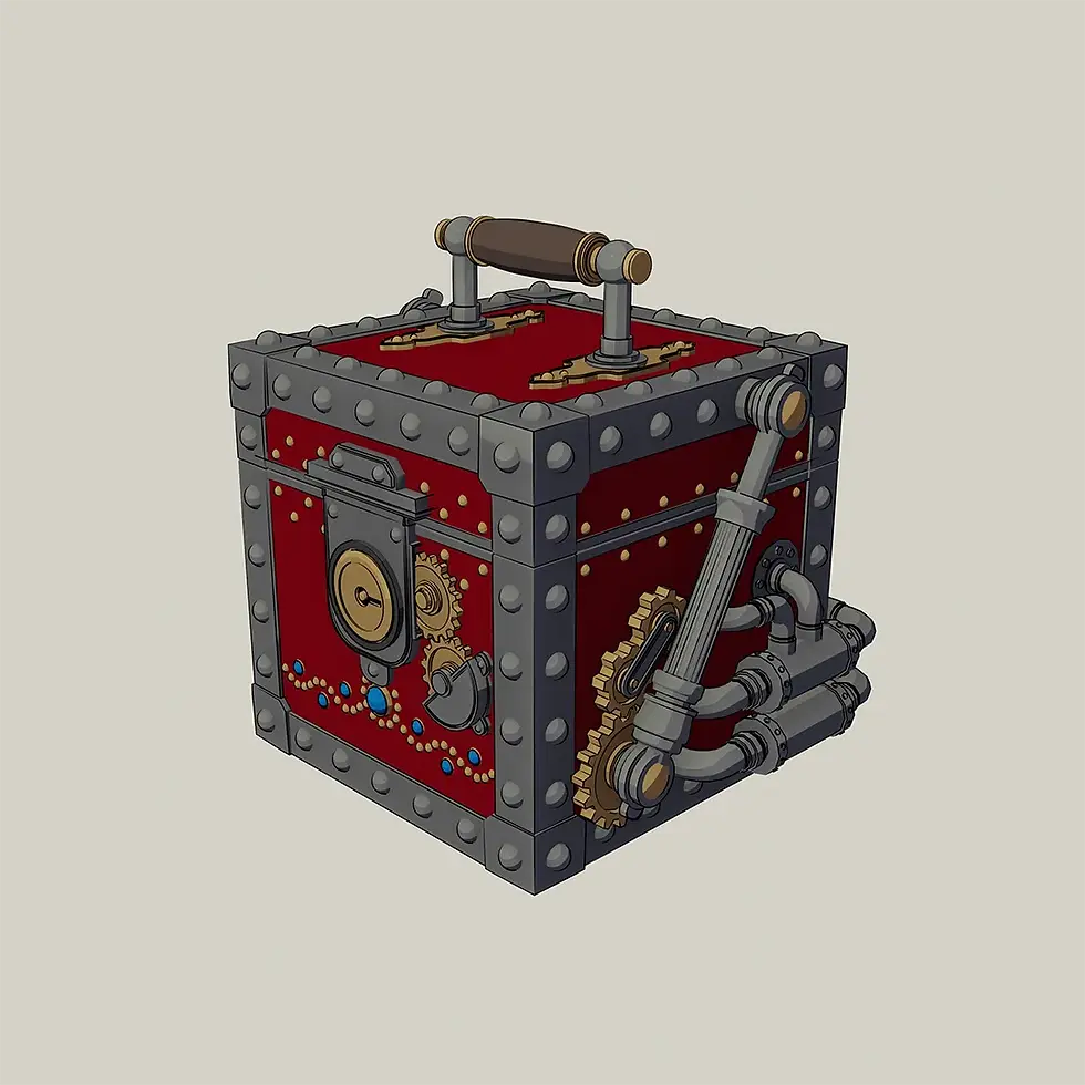 リベット留めの金属フレームと配管が施された、スチームパンク風の赤い収納ボックスのイラスト。立方体の箱の側面に油圧シリンダーや歯車が取り付けられている。