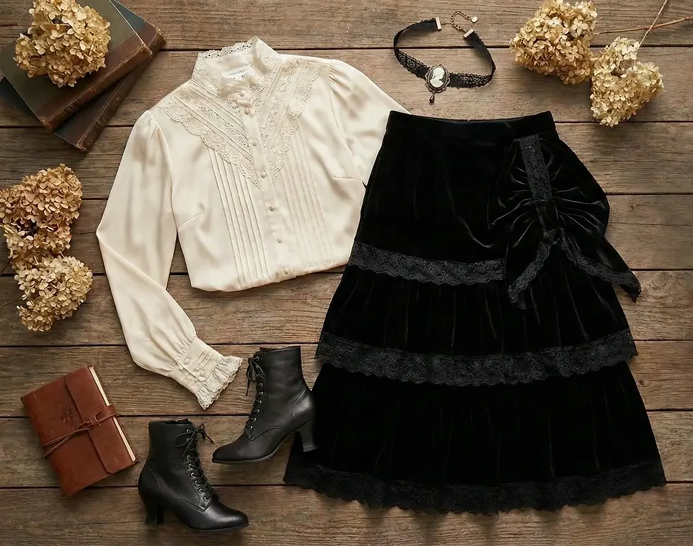 レース付きブラウスとスカート、ブーツで構成されたネオヴィクトリアン風コーディネートのフラットレイ