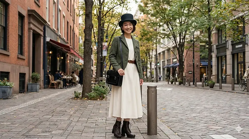 白いワンピースにシルクハットとブーツを合わせた、軽やかな普段着スチームパンクの仮想コーデ。茶色に縛られない配色で、街中でも自然に馴染むスタイル。