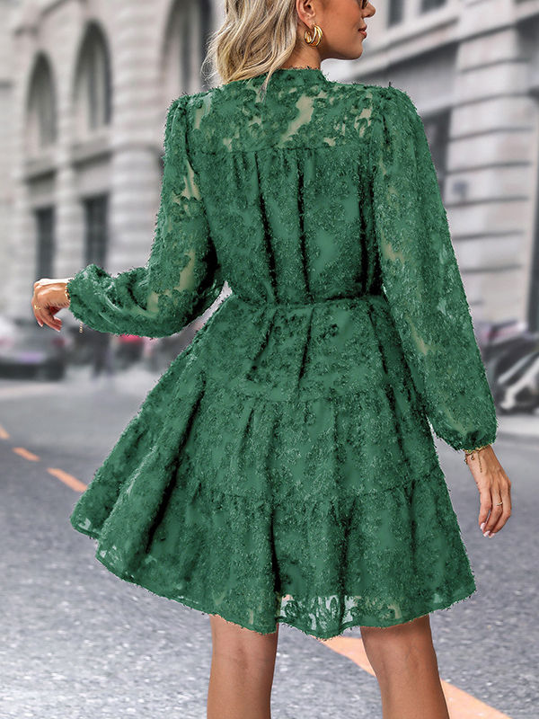 Thumbnail: Lace Bubble Sleeve Tiered Dress