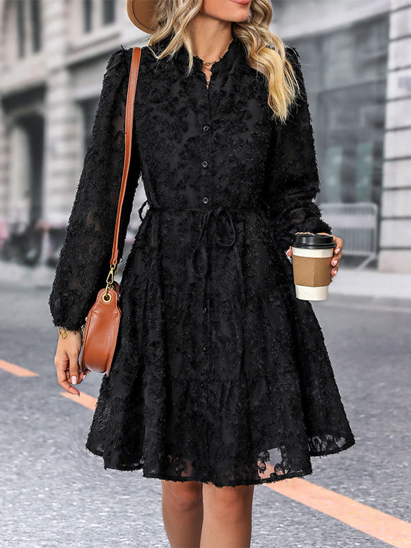 Thumbnail: Lace Bubble Sleeve Tiered Dress