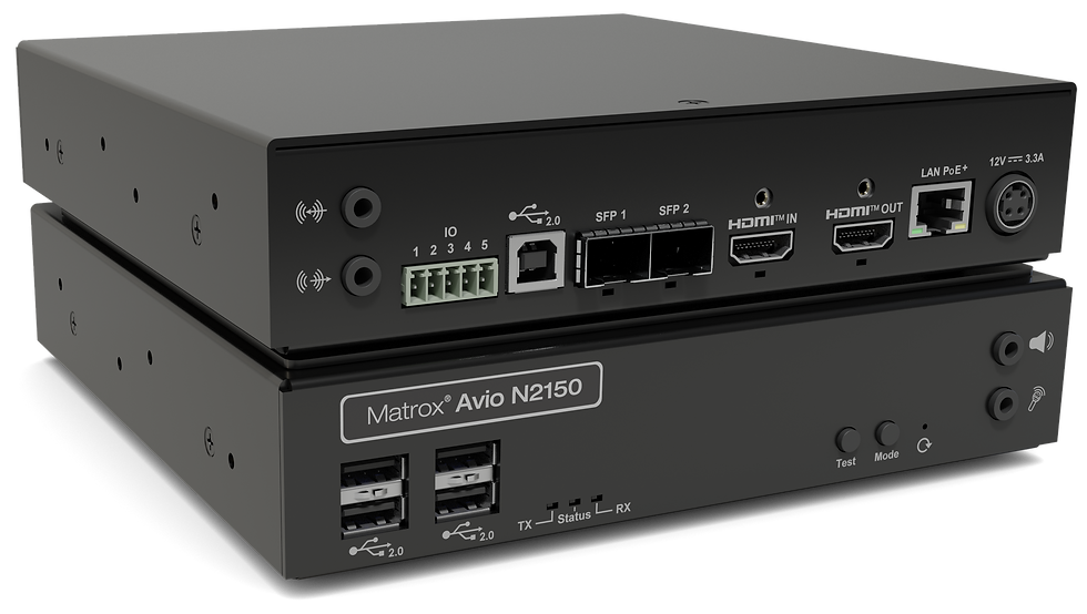 Eye-level view of a professional AV rack with networked video equipment