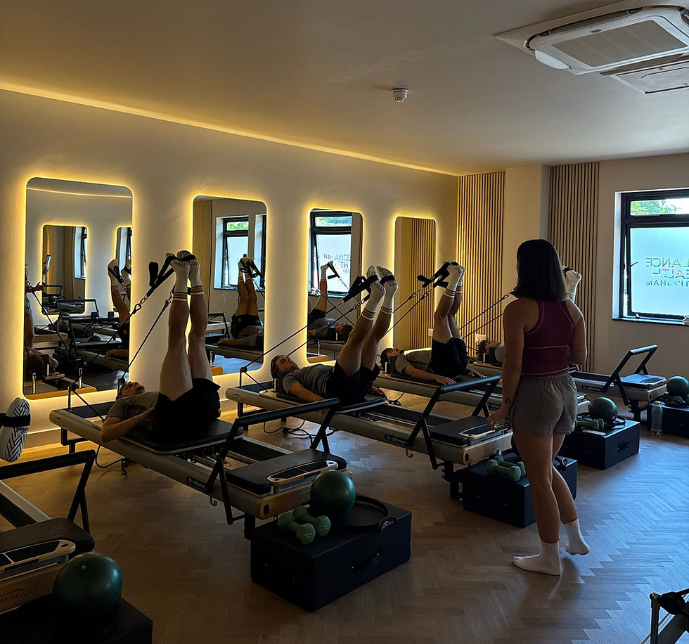 Eye-level view of Reformer Pilates machine in a bright studio in West Bridgford