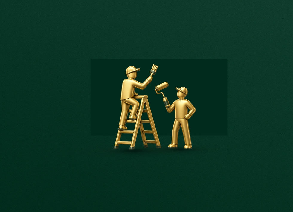 Gold 3D illustration of two professional painters using a brush, roller and ladder on a dark green background.