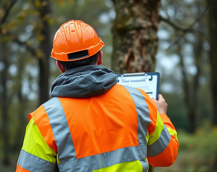 create me an image depicting someone from behind in a hi-vis jacket performing a tree surv