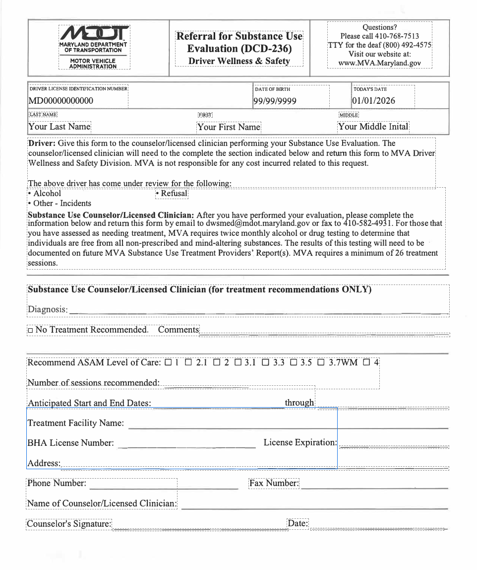 Formulario del MVA de Maryland para referencia de evaluación de uso de sustancias, requerido después de un DUI/DWI como parte del proceso de Driver Wellness & Safety.