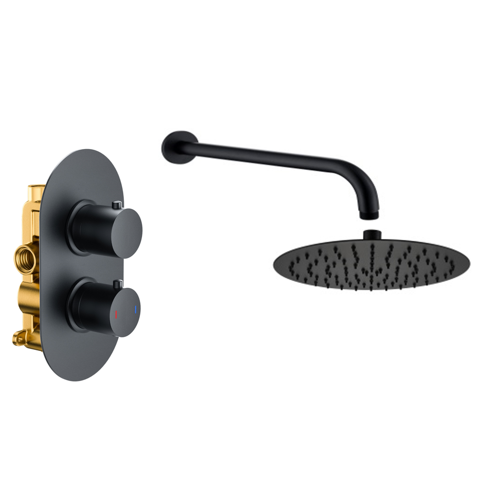 Concealed Shower Pack (Matt Black Round) (1 Outlet, 2 Knob)