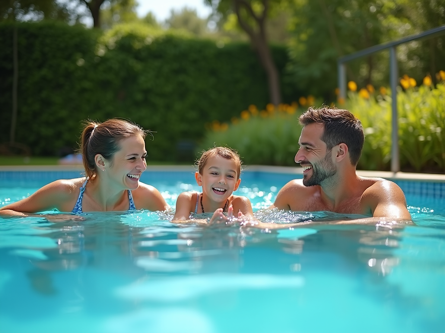 Medium-close-up shot of a happy family enjoying a solar-heated swimming pool on a sunny da