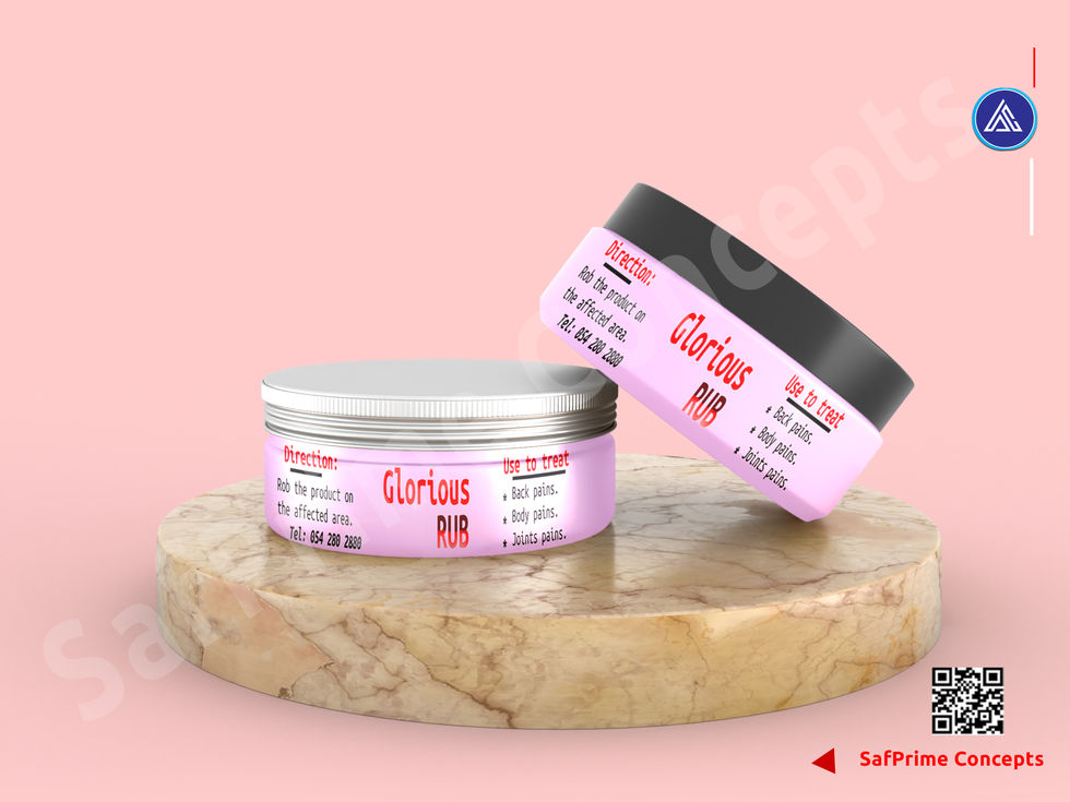 a jar of glorious rub sits on a marble podium