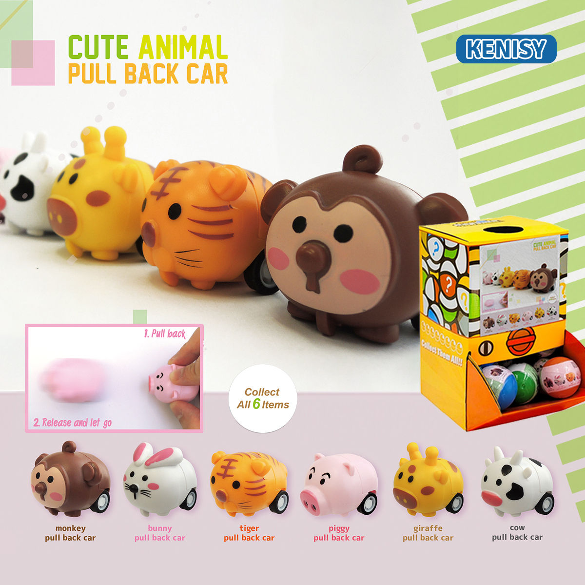 Cute Animal Pull Back Car, 50mm capsule in display box