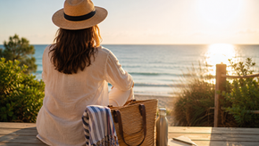 Femme respirant face à la mer pendant ses vacances grâce à la sophrologie