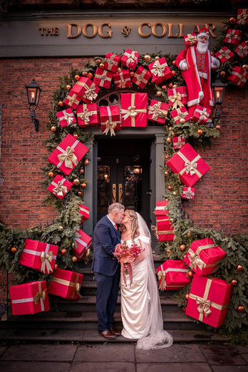 Bride and groom outside Dog and Collar pub on Hope Street, Liverpool