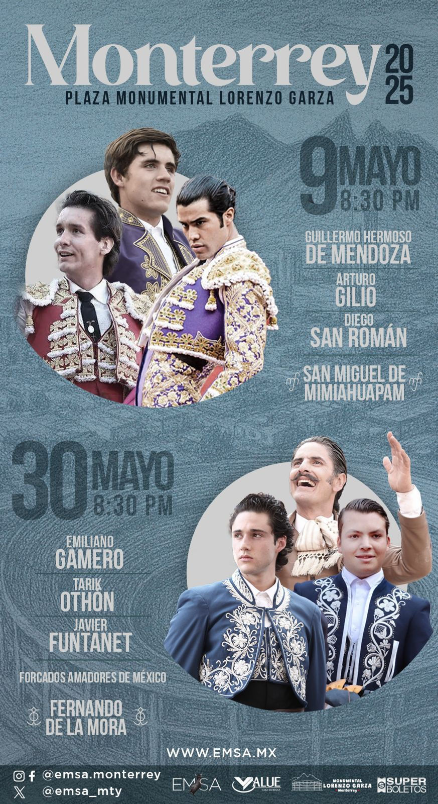 Descubre el inicio de la temporada taurina 2025 en la Plaza de Toros Monumental Lorenzo Garza de Monterrey. Carteles con Guillermo Hermoso de Mendoza, Diego San Roman, Arturo Gilio, Emiliano Gamero y más. Venta de boletos desde el 21 de abril.
