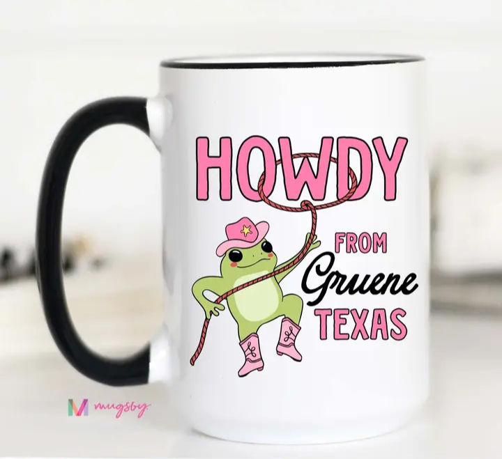 15oz Coffee Mug with frog saying Howdy From Gruene Texas, location is customizable.