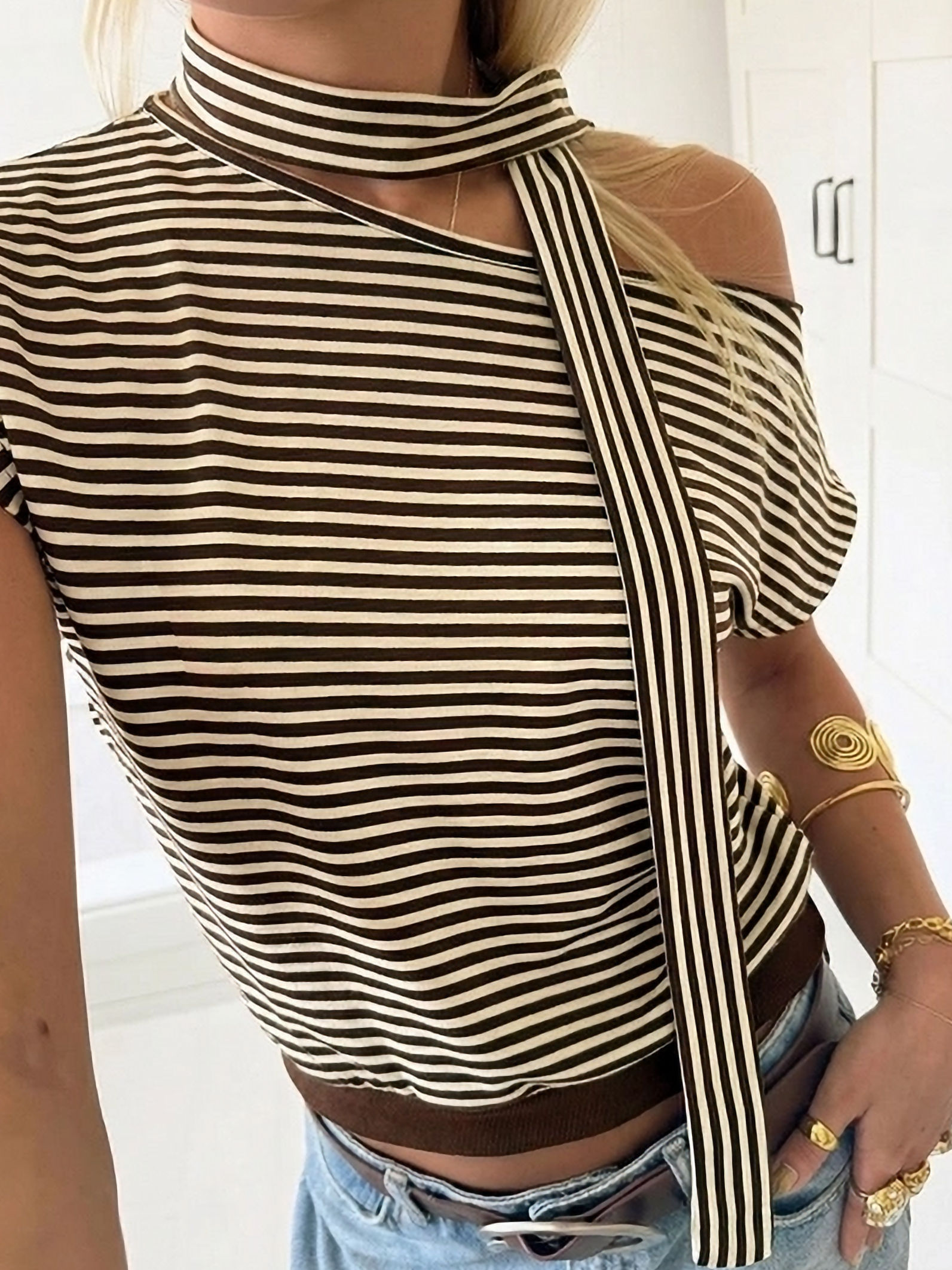 Striped One-Shoulder Knit Top with Scarf