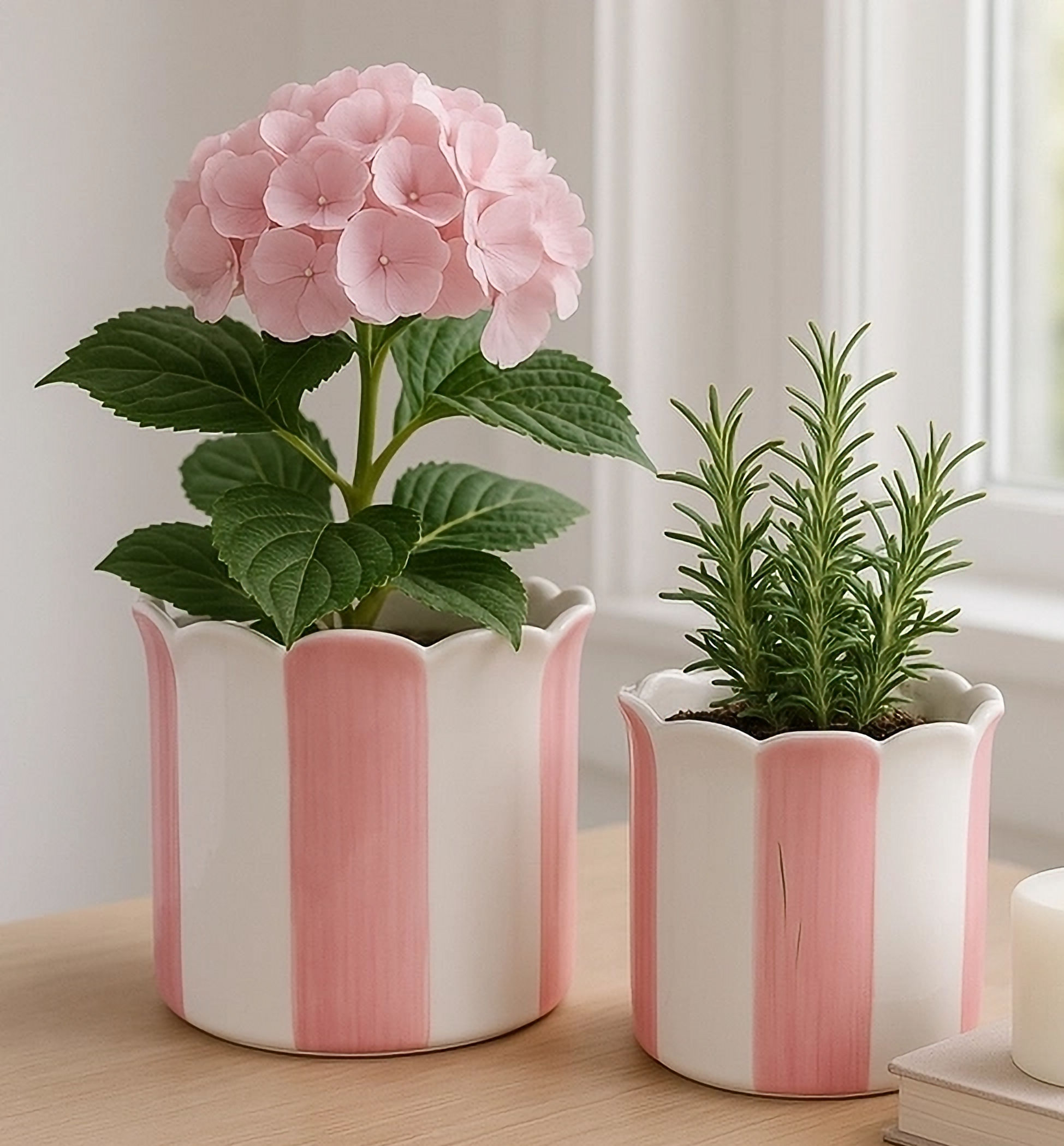 Ceramic Striped Scallop Planters - Set of 2