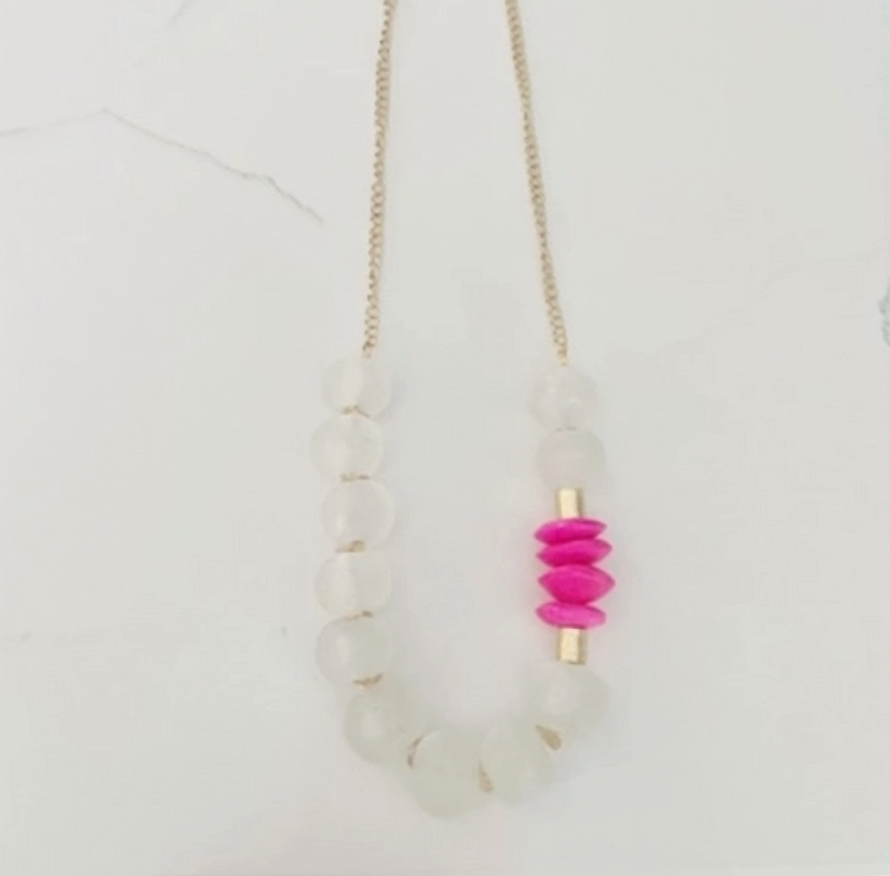 Thumbnail: Recycled Glass & Pink African Bone Bead Necklace