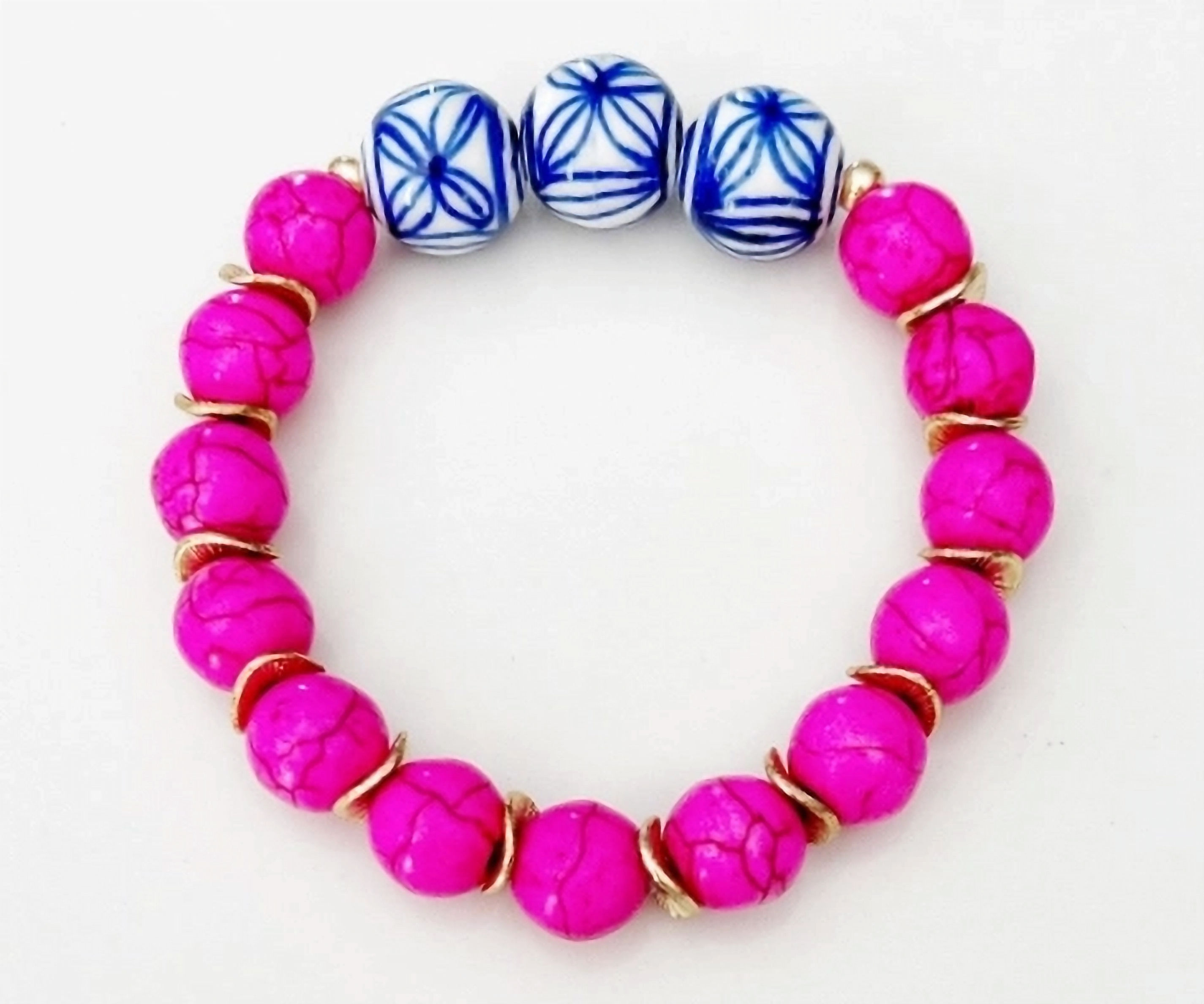 Pink Turquoise Gemstone & Chinoiserie Bead Stretch Bracelet