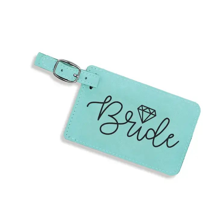 teal colored tag with "bride" in black lettering
