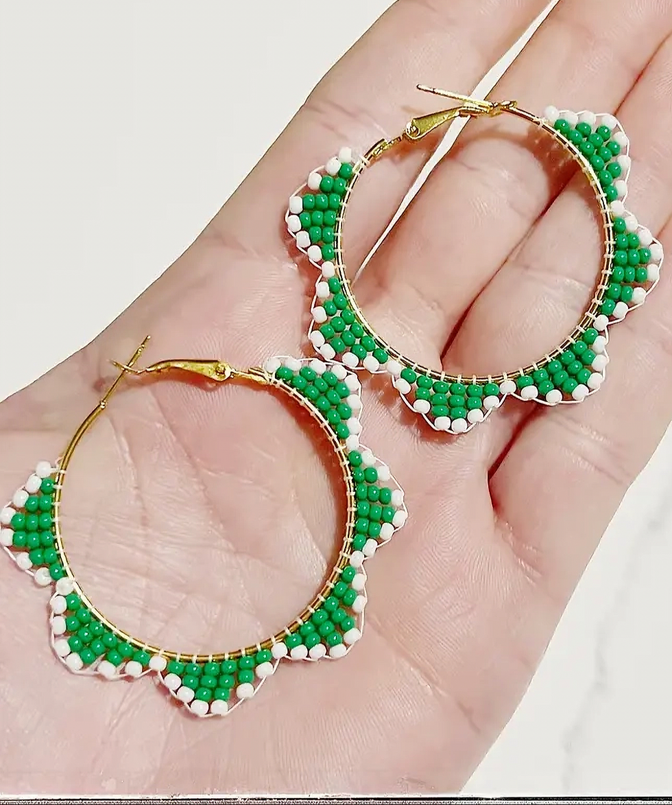 Thumbnail: Glass Seed Bead Scalloped Hoop Circle Earrings