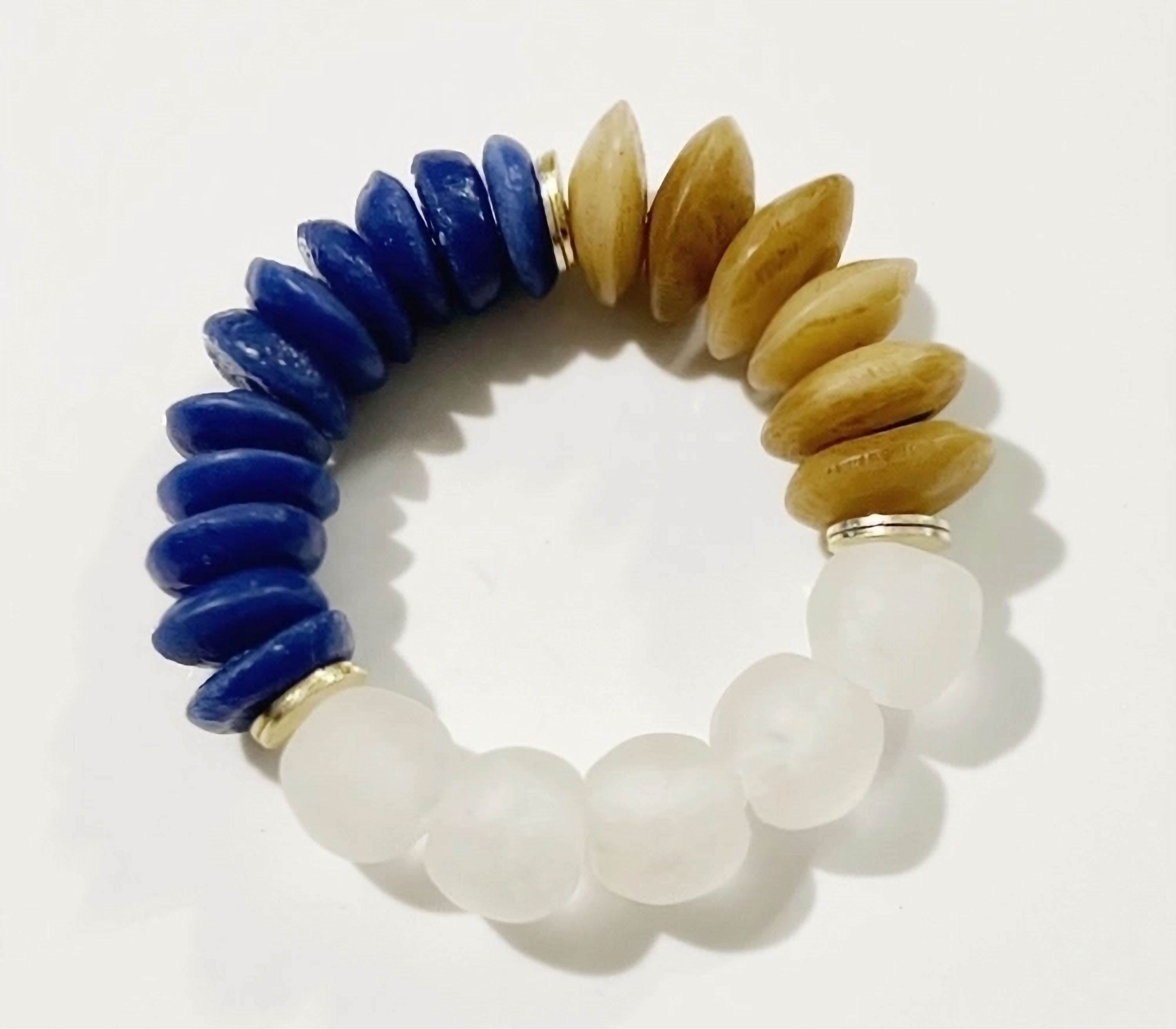 Bone, Blue Ashanti Glass & Recycled Glass Stretch Bracelet